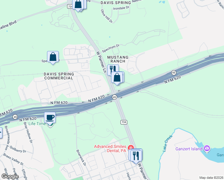 map of restaurants, bars, coffee shops, grocery stores, and more near 8715 West Parmer Lane in Austin