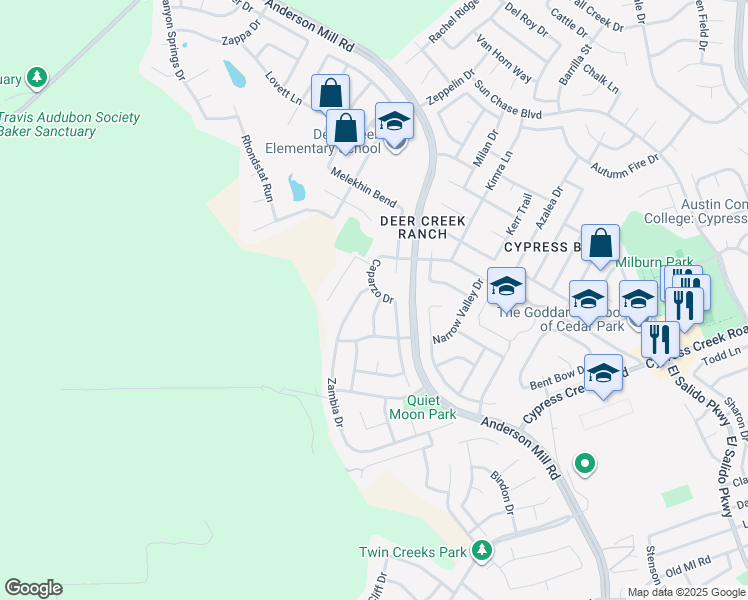 map of restaurants, bars, coffee shops, grocery stores, and more near 2504 Caparzo Drive in Cedar Park
