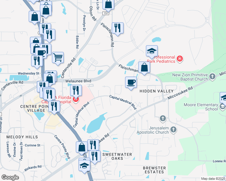 map of restaurants, bars, coffee shops, grocery stores, and more near 1920 Rain Valley Court in Tallahassee