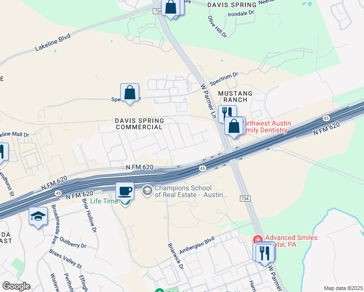 map of restaurants, bars, coffee shops, grocery stores, and more near 9409 Gynerium Drive in Austin