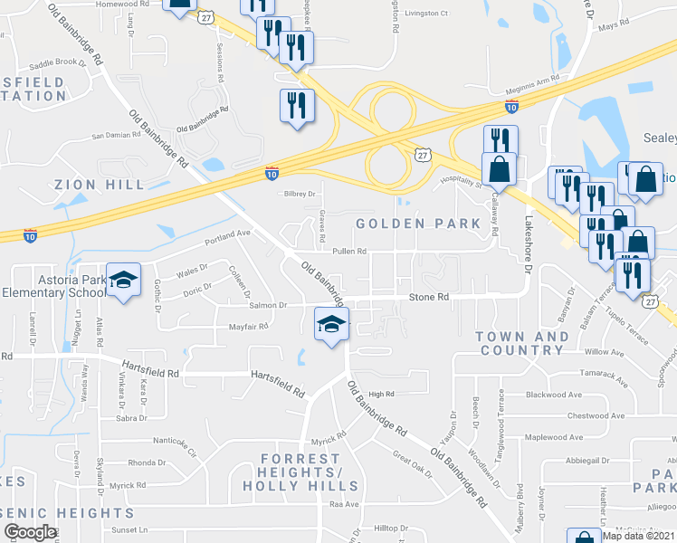 map of restaurants, bars, coffee shops, grocery stores, and more near 2509 Old Bainbridge Road in Tallahassee