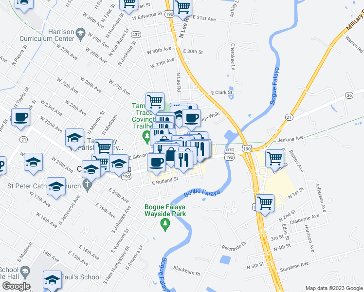 map of restaurants, bars, coffee shops, grocery stores, and more near 609 East Gibson Street in Covington