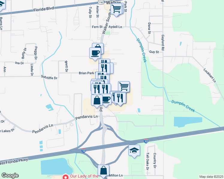 map of restaurants, bars, coffee shops, grocery stores, and more near 13603 Minton Lane in Walker