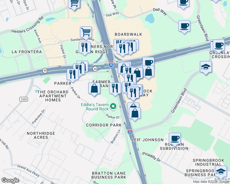 map of restaurants, bars, coffee shops, grocery stores, and more near 16950 North Interstate Highway 35 in Round Rock