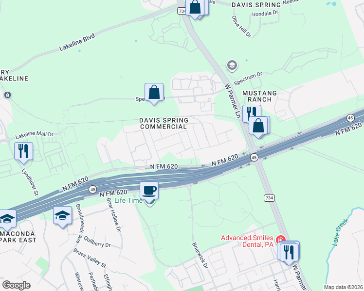 map of restaurants, bars, coffee shops, grocery stores, and more near 9802 Acero Drive in Austin