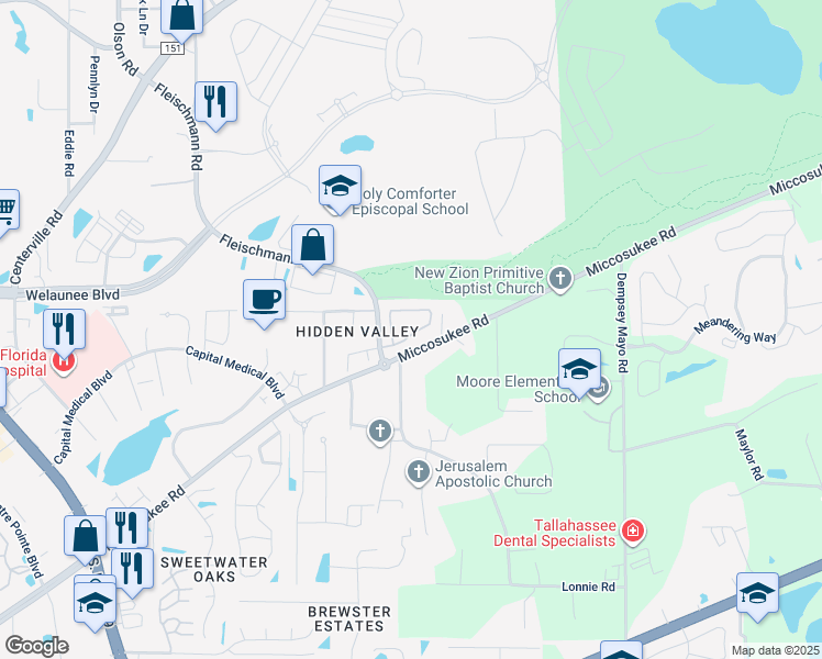 map of restaurants, bars, coffee shops, grocery stores, and more near 3438 Sedona Loop in Tallahassee