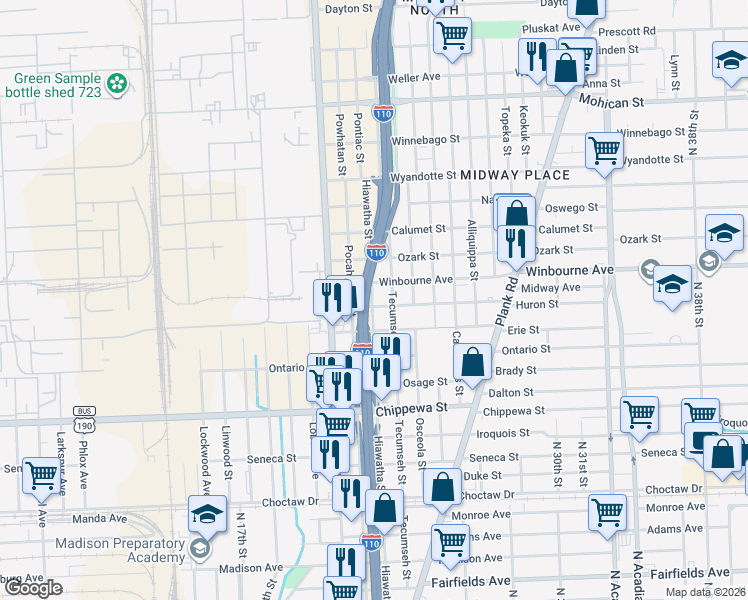 map of restaurants, bars, coffee shops, grocery stores, and more near 2305 Huron Street in Baton Rouge