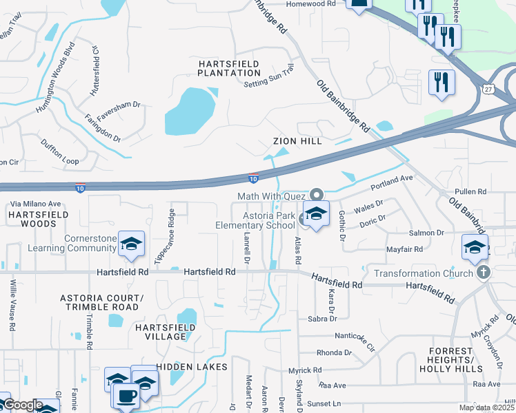 map of restaurants, bars, coffee shops, grocery stores, and more near 2490 Talco Hills Drive in Tallahassee