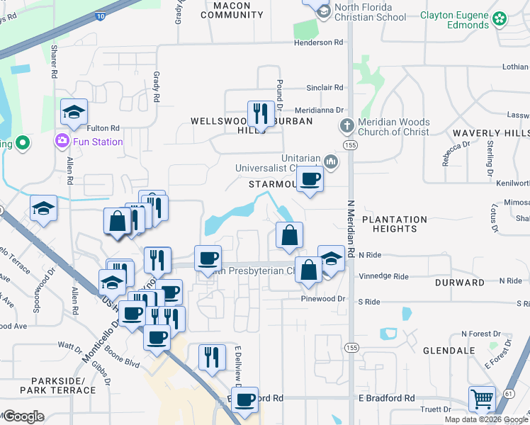 map of restaurants, bars, coffee shops, grocery stores, and more near 2208 Delta Boulevard in Tallahassee