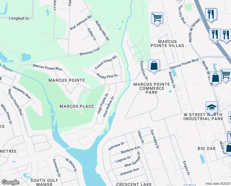 map of restaurants, bars, coffee shops, grocery stores, and more near 5128 Pine Hollow Drive in Pensacola