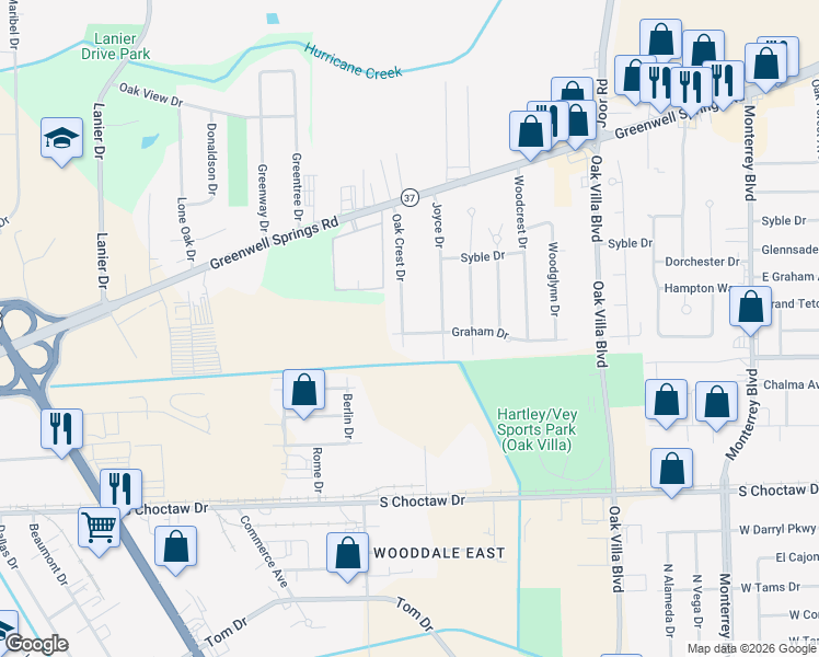 map of restaurants, bars, coffee shops, grocery stores, and more near 8644 Graham Drive in Baton Rouge