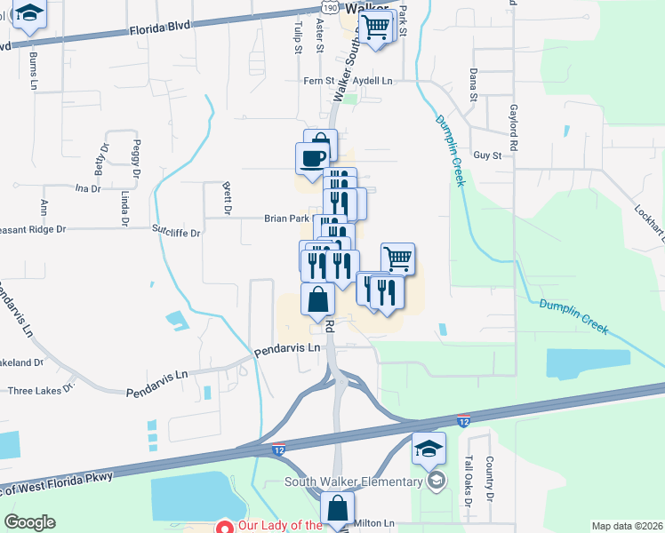 map of restaurants, bars, coffee shops, grocery stores, and more near 28420 Walker South Road in Denham Springs
