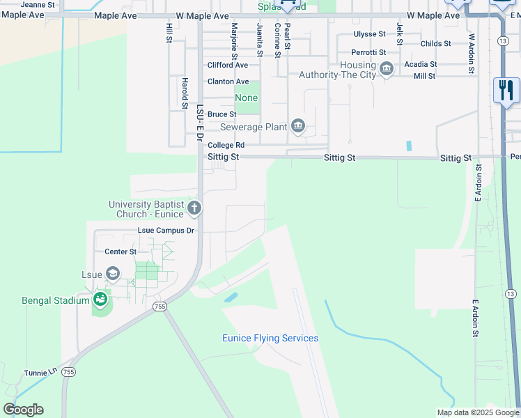 map of restaurants, bars, coffee shops, grocery stores, and more near 114 University Pl in Eunice