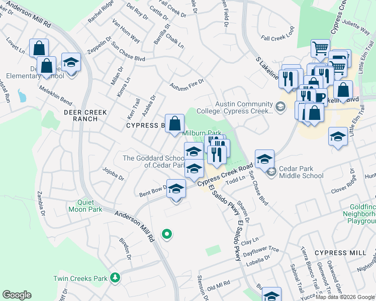 map of restaurants, bars, coffee shops, grocery stores, and more near 1807 Lilac Lane in Cedar Park