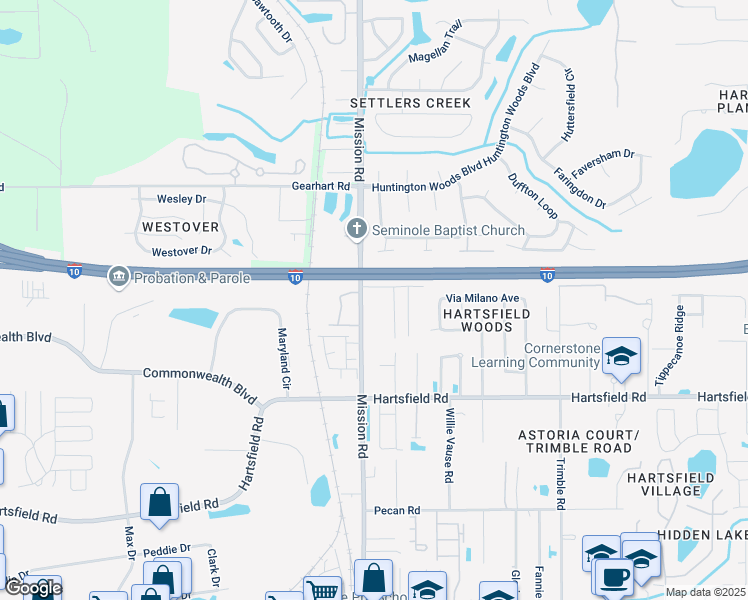 map of restaurants, bars, coffee shops, grocery stores, and more near 3291 Mission Road in Tallahassee