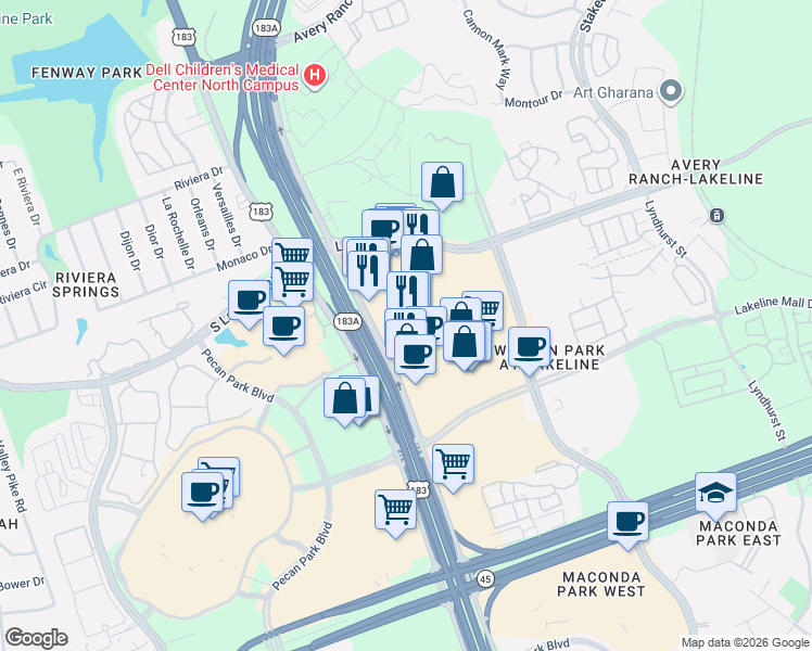 map of restaurants, bars, coffee shops, grocery stores, and more near 10 in Austin