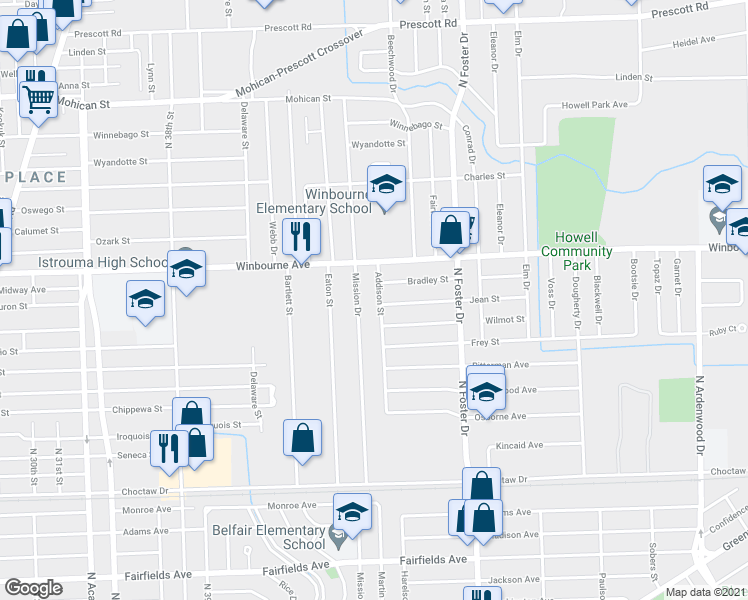 map of restaurants, bars, coffee shops, grocery stores, and more near 3112 Mission Drive in Baton Rouge