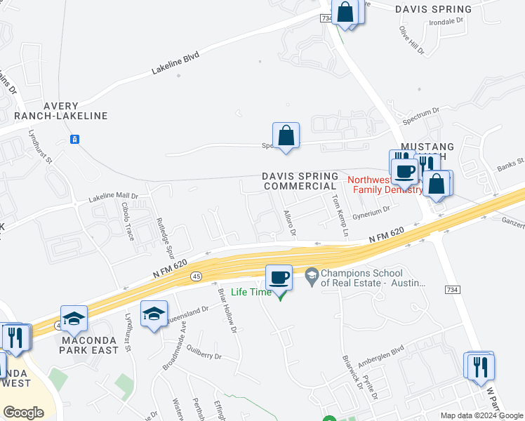 map of restaurants, bars, coffee shops, grocery stores, and more near 13730 North FM 620 in Austin