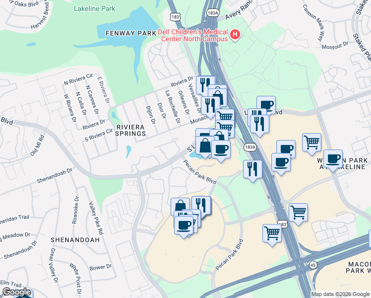 map of restaurants, bars, coffee shops, grocery stores, and more near 2850 South Lakeline Boulevard in Cedar Park