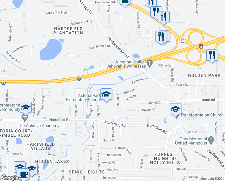 map of restaurants, bars, coffee shops, grocery stores, and more near 1913 Portland Avenue in Tallahassee