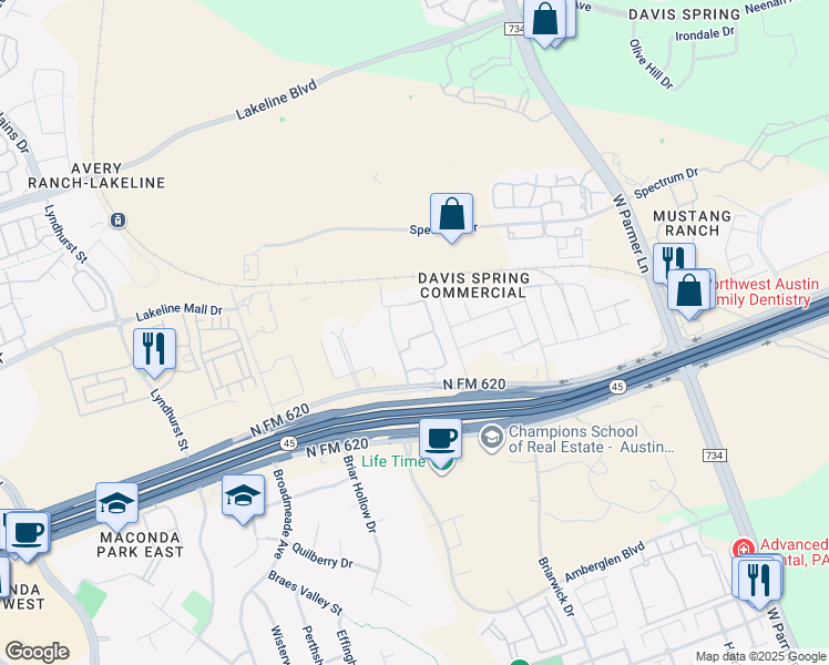 map of restaurants, bars, coffee shops, grocery stores, and more near 13730 North FM 620 in Austin