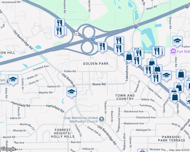map of restaurants, bars, coffee shops, grocery stores, and more near 209 Golden Park Lane in Tallahassee