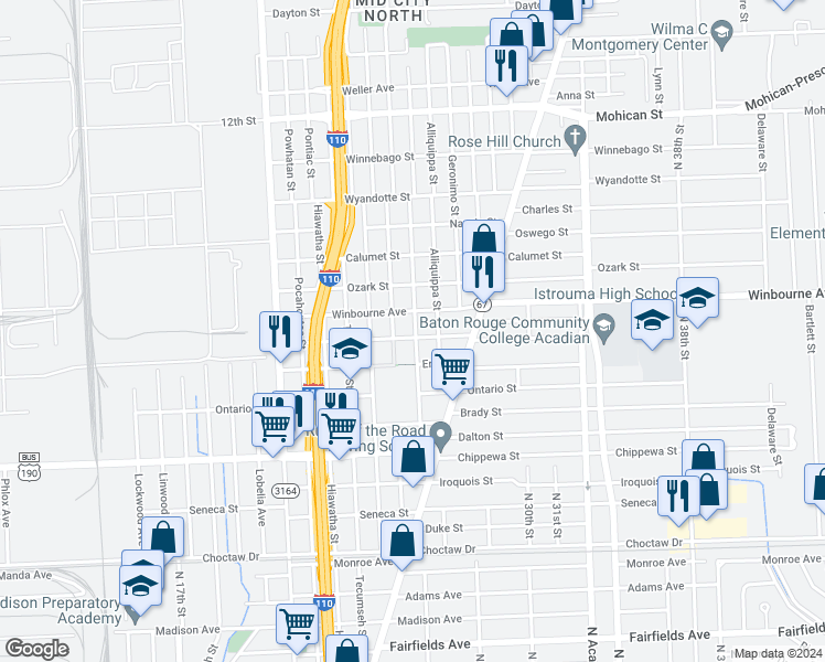 map of restaurants, bars, coffee shops, grocery stores, and more near 2547 Huron Street in Baton Rouge