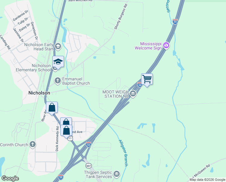 map of restaurants, bars, coffee shops, grocery stores, and more near 162 Emmett Meitzler Road in Picayune