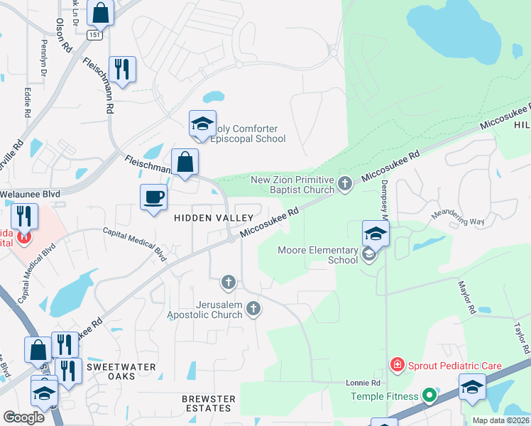 map of restaurants, bars, coffee shops, grocery stores, and more near 3473 Sedona Loop in Tallahassee