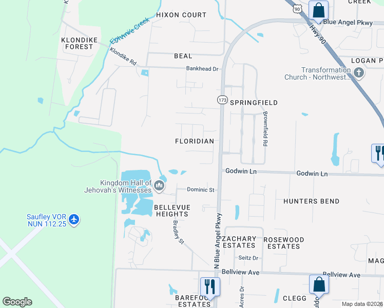 map of restaurants, bars, coffee shops, grocery stores, and more near 6407 Sarasota Street in Pensacola
