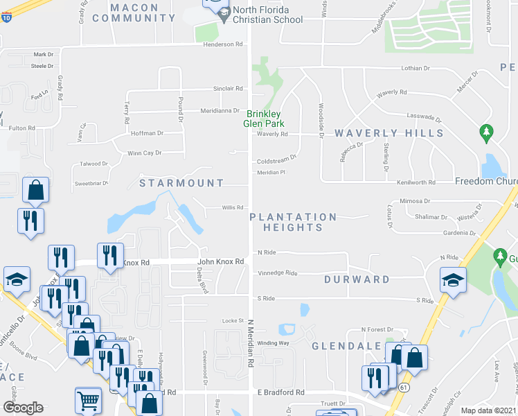 map of restaurants, bars, coffee shops, grocery stores, and more near 2601 North Meridian Road in Tallahassee