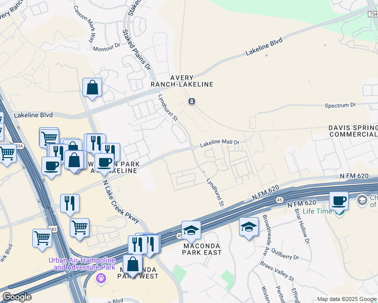 map of restaurants, bars, coffee shops, grocery stores, and more near 13500 Lyndhurst Street in Austin