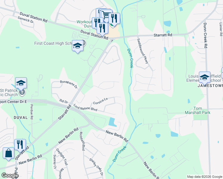 map of restaurants, bars, coffee shops, grocery stores, and more near 904 Bonaparte Landing Boulevard in Jacksonville