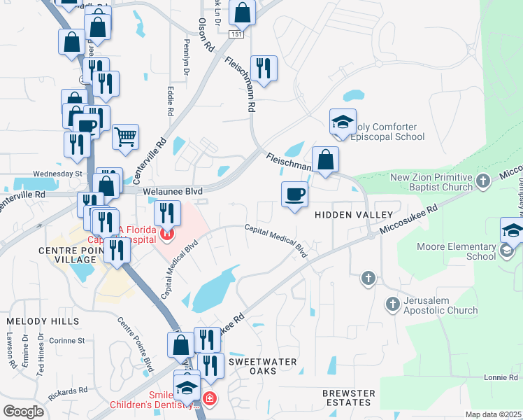 map of restaurants, bars, coffee shops, grocery stores, and more near 1927 Rain Valley Court in Tallahassee
