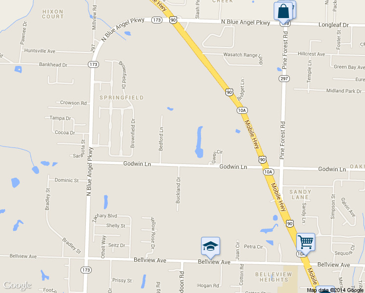 map of restaurants, bars, coffee shops, grocery stores, and more near 3410 Godwin Lane in Pensacola