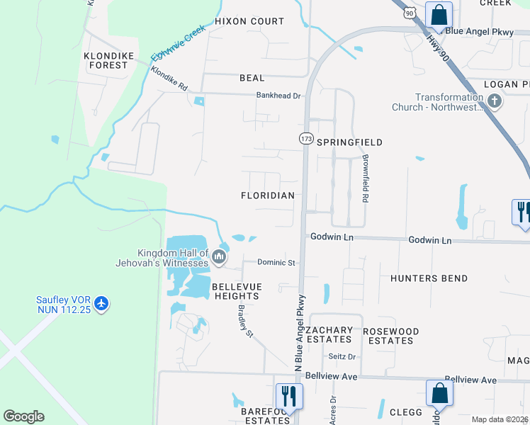 map of restaurants, bars, coffee shops, grocery stores, and more near 6407 Sarasota Street in Pensacola