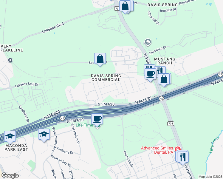 map of restaurants, bars, coffee shops, grocery stores, and more near 9802 Acero Drive in Austin