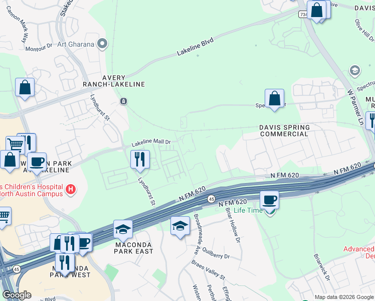 map of restaurants, bars, coffee shops, grocery stores, and more near 13641 Rutledge Spur in Austin