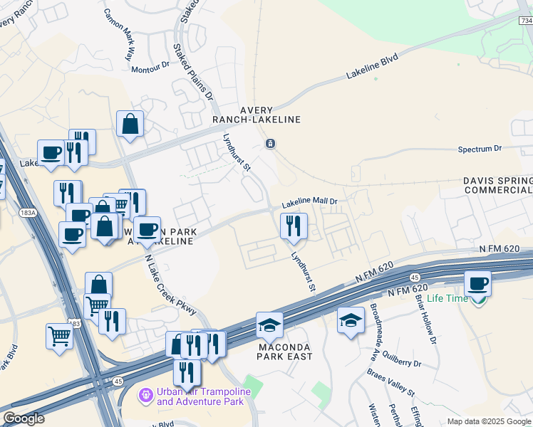 map of restaurants, bars, coffee shops, grocery stores, and more near Lyndhurst Street in Austin