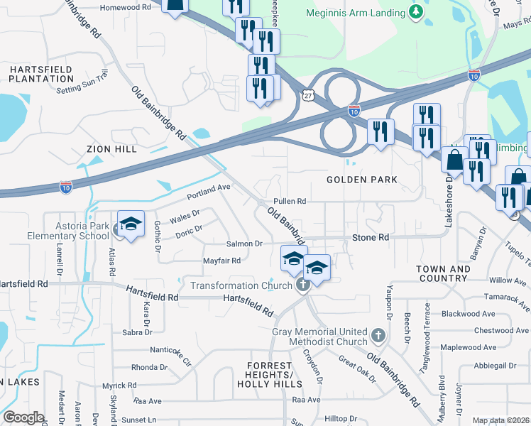 map of restaurants, bars, coffee shops, grocery stores, and more near 2534 Old Bainbridge Road in Tallahassee