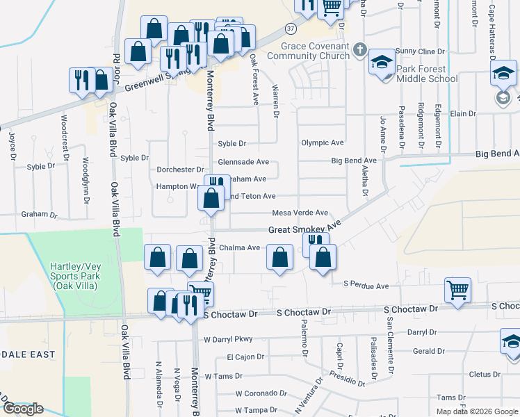 map of restaurants, bars, coffee shops, grocery stores, and more near 9642 Mesa Verde Avenue in Baton Rouge