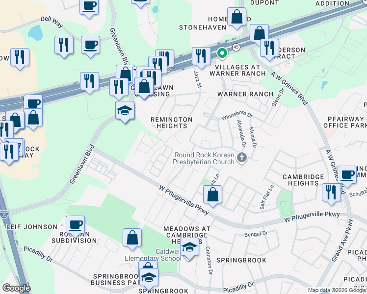 map of restaurants, bars, coffee shops, grocery stores, and more near 2107 Huxley Lane in Round Rock