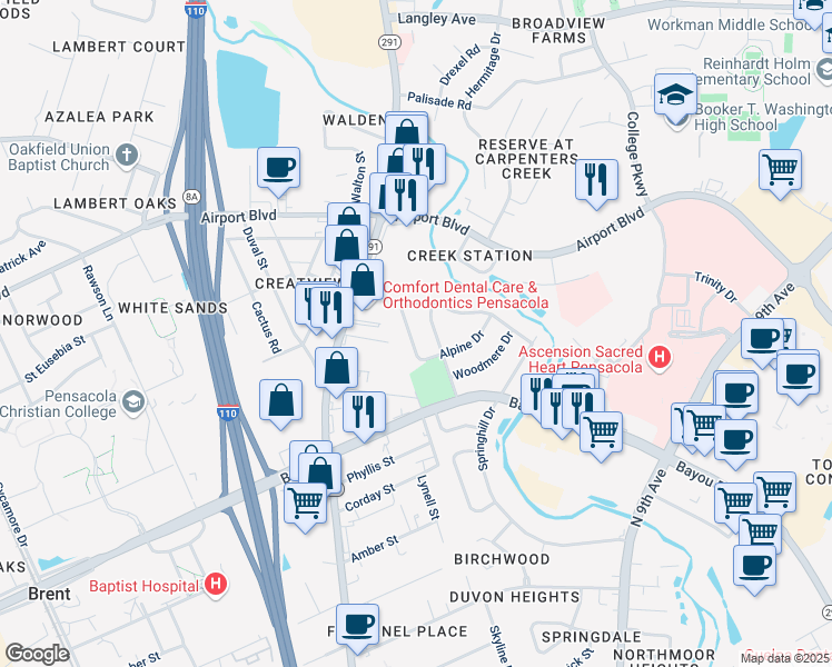 map of restaurants, bars, coffee shops, grocery stores, and more near 5442 Thornhill Road in Pensacola