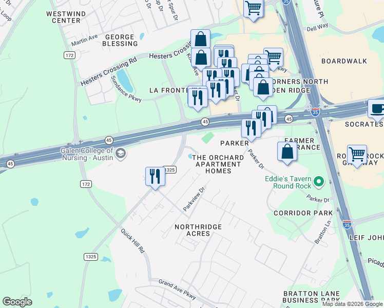 map of restaurants, bars, coffee shops, grocery stores, and more near 2811 La Frontera Boulevard in Austin