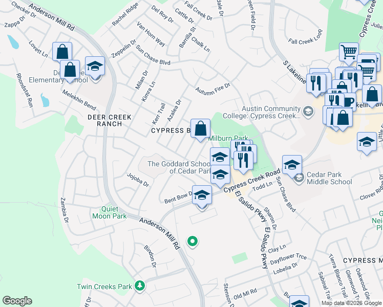 map of restaurants, bars, coffee shops, grocery stores, and more near 1812 Lion-Heart Drive in Cedar Park