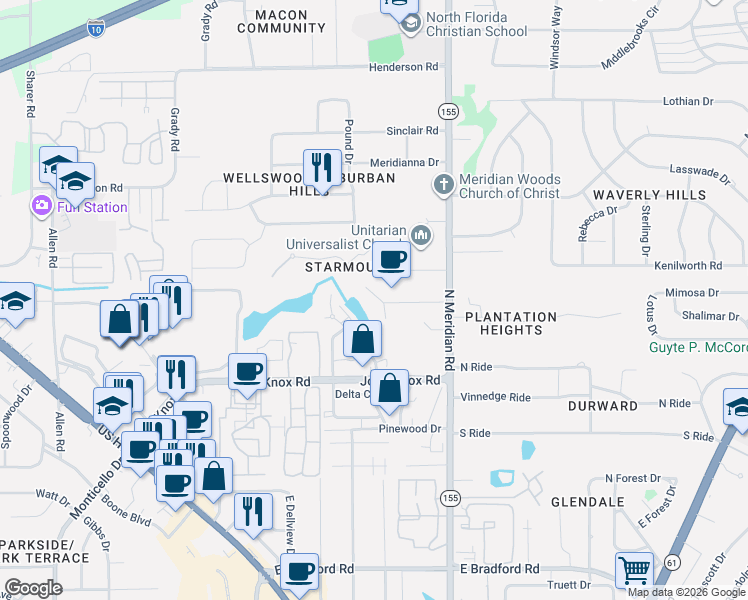 map of restaurants, bars, coffee shops, grocery stores, and more near 2135 Delta Boulevard in Tallahassee