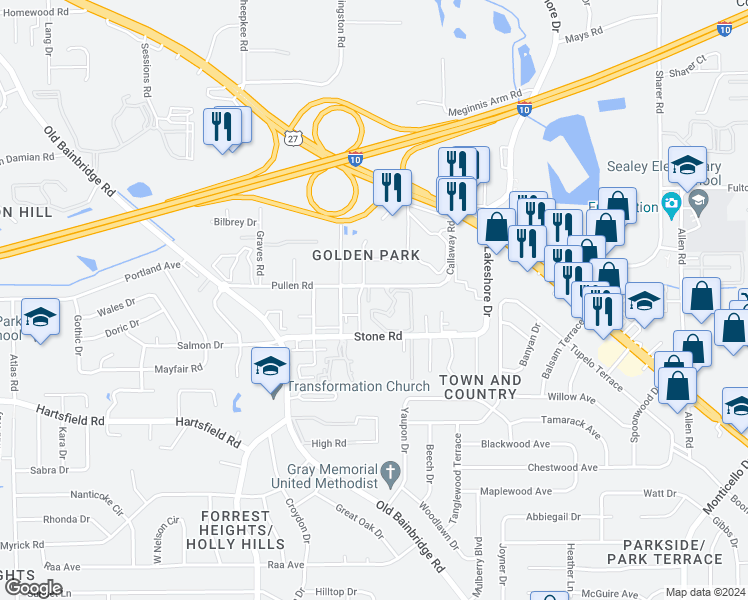 map of restaurants, bars, coffee shops, grocery stores, and more near 209 Golden Park Lane in Tallahassee
