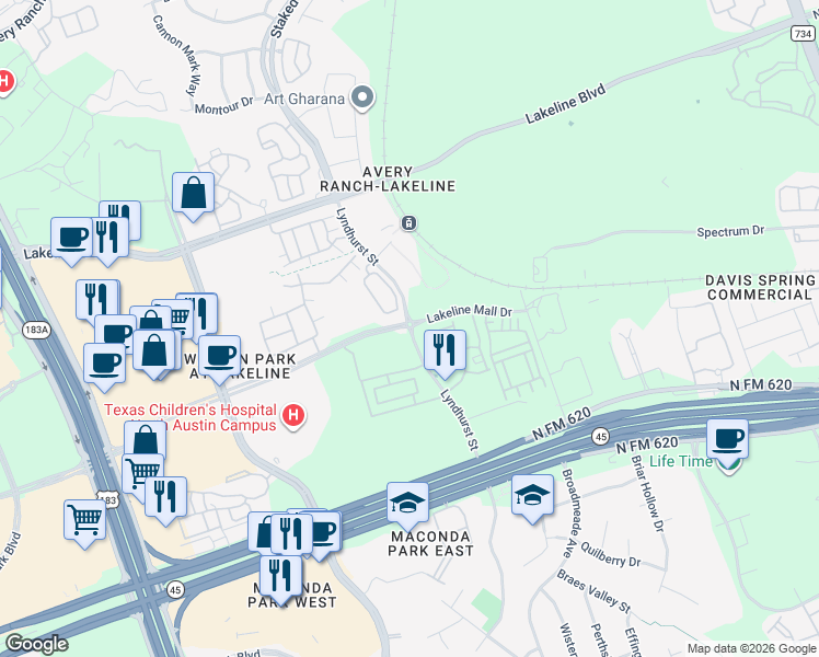 map of restaurants, bars, coffee shops, grocery stores, and more near Lyndhurst Street in Austin