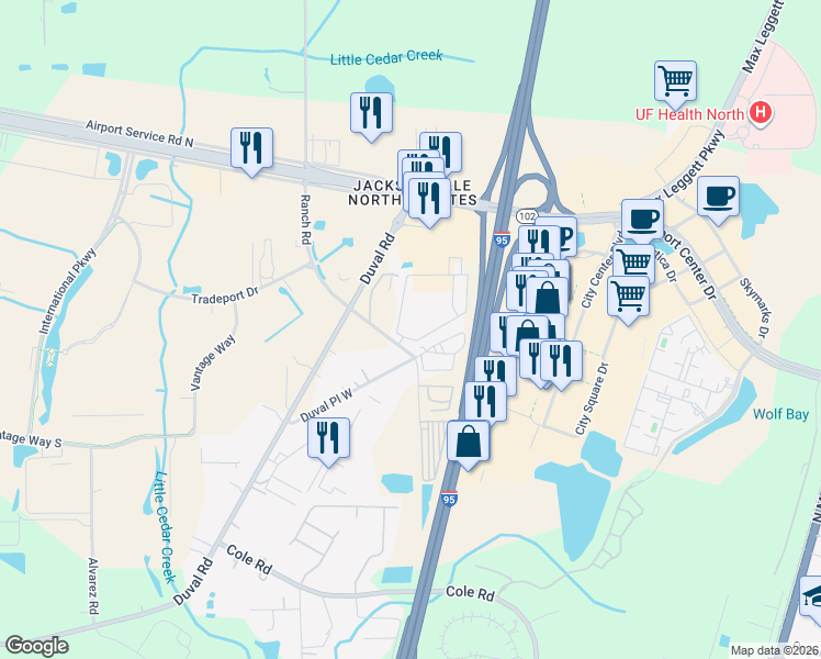 map of restaurants, bars, coffee shops, grocery stores, and more near 13163 Ranch Road in Jacksonville