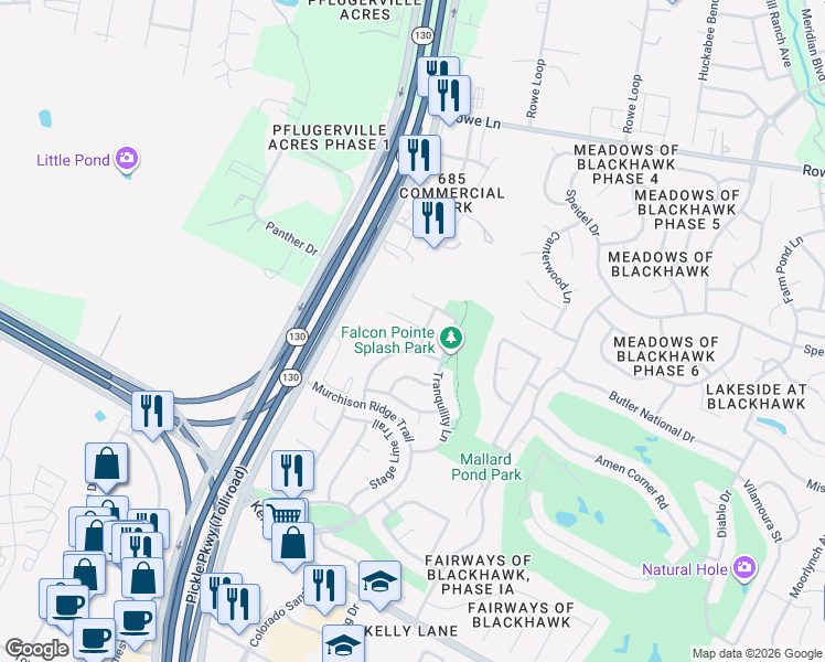 map of restaurants, bars, coffee shops, grocery stores, and more near 19708 Copper Point Cove in Pflugerville